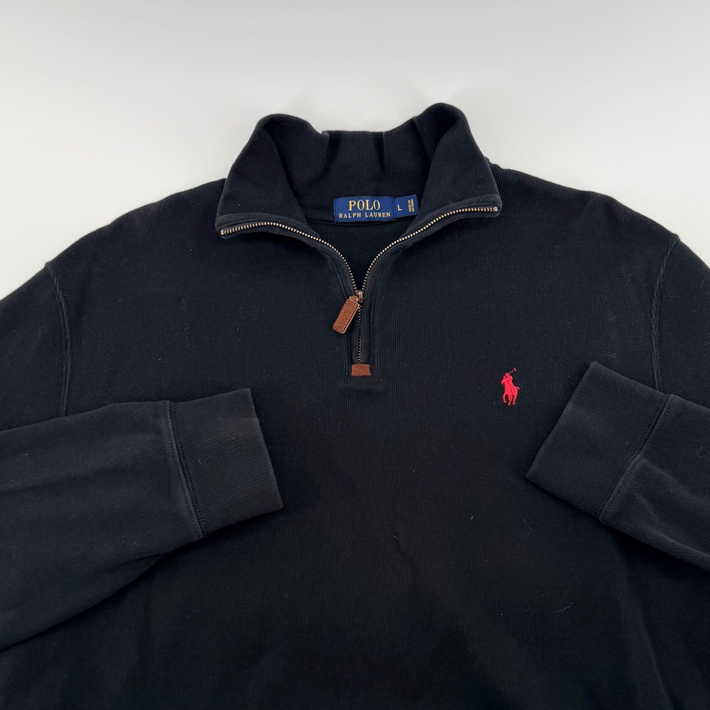 Polo Ralph Lauren Quarter Zip Cotton Sweater Mock Neck Black Large Mens